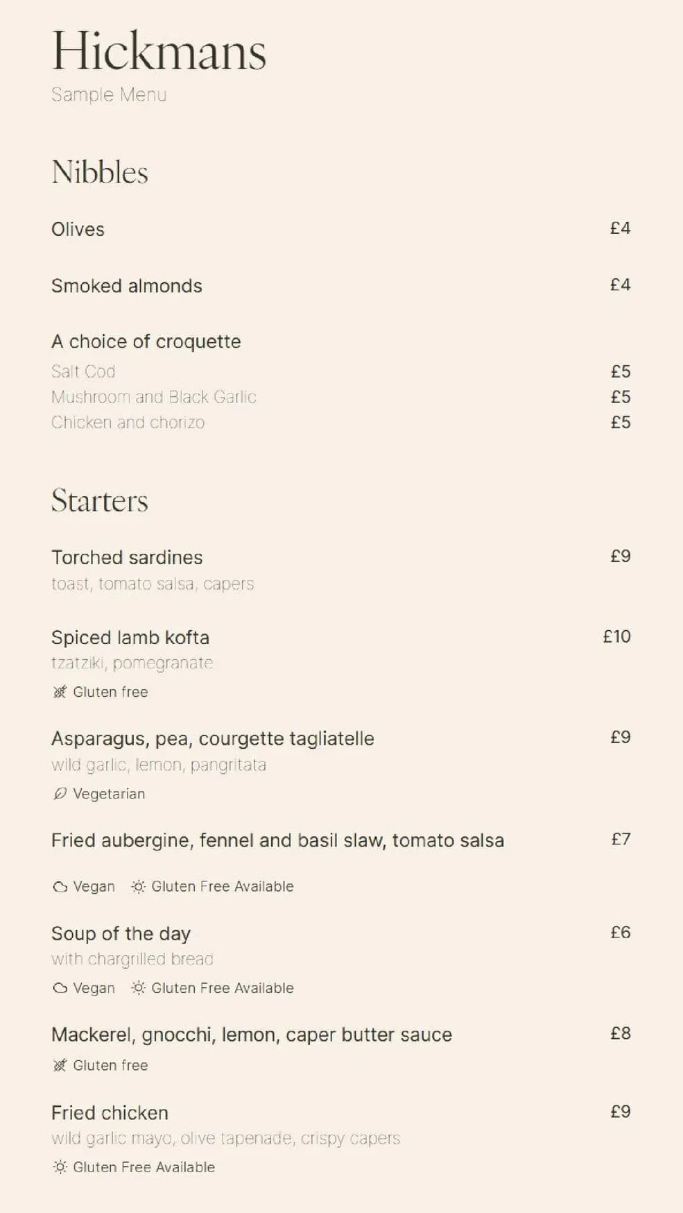 Hickmans menu, page 1