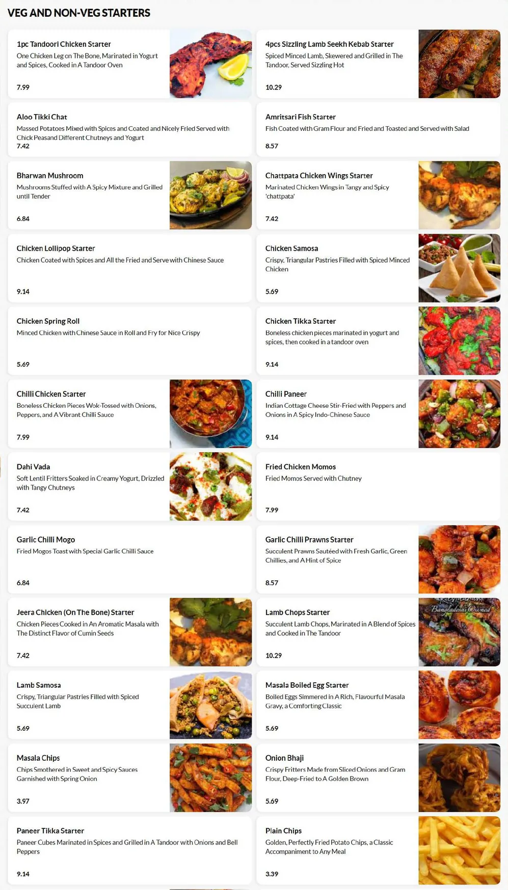 Taste of India menu, page 2